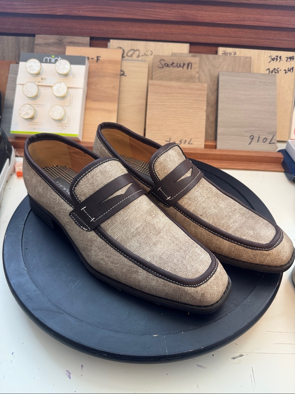 Men's Tan Linen Penny Loafers